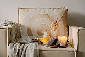 Still life details in home interior of living room. Pumpkin and cup of tea with candles on a serving tray. Rest and Reading