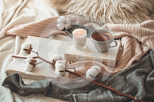 Still life in home interior of living room. Sweaters and cup of tea with a cone on the books. Read. Cozy autumn winter concept photo