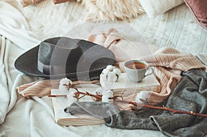 Still life in home interior of living room. Sweaters and cup of tea with a cone on the books. Read. Cozy autumn winter concept