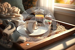 Still life details in home interior of living room Sweaters and cup of tea with steam on a serving tray on a coffee table