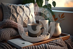 Still life details in home interior of living room Sweaters and cup of tea with steam on a serving tray on a coffee table