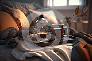 Still life details in home interior of living room Sweaters and cup of tea with steam on a serving tray on a coffee table