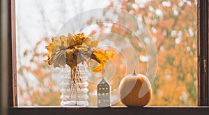 Still life details in home on a wooden window. Autumn decor on a window. Cozy autumn or winter concept.