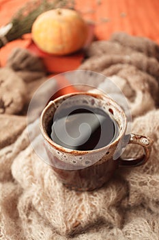 Still life details of living room. Cup of tea on woollen blanket in the bed. Autumn fall winter weekend concept. Fall home