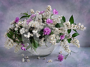 Still life with Deutzia and carnations