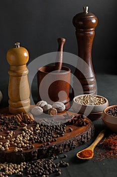 Still life with different kind of spices on a black background