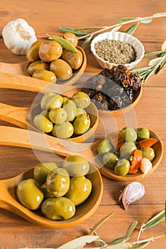 Still life with different varieties of olives