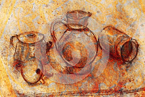 Still life drawing. Original hand draw on paper. Teapot, jug, funnel and cans. photo