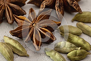 Still life with dry spices, studio shot.