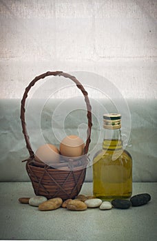 Still life Egg in rattan basket in warming day