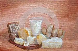 Still life with eggs cheese and bread