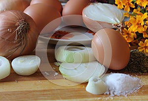 Still life. Eggs and onion.