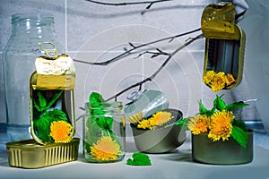 Still life of empty metal and glass cans with dandelions