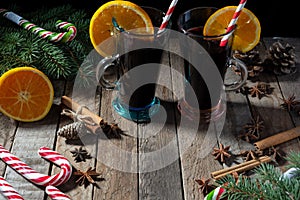 still life fabulous christmas mulled wine on wooden background in rustic style