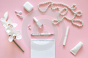 Still life of fashion woman, objects on pink