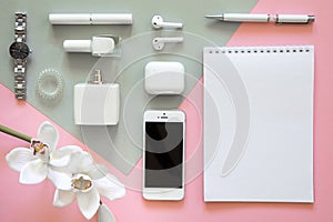 Still life of fashion woman, objects on pink