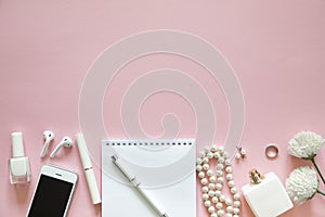 Still life of fashion woman, objects on pink