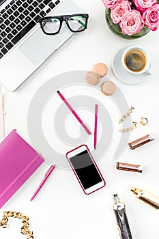 Still life of fashion woman, objects on white