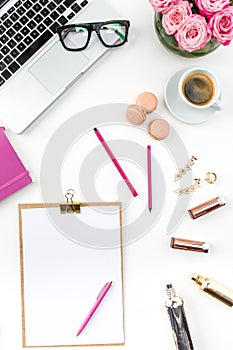 Still life of fashion woman, objects on white