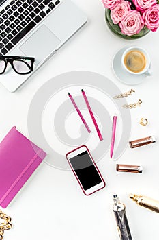 Still life of fashion woman, objects on white