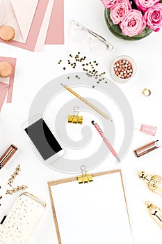 Still life of fashion woman, objects on white