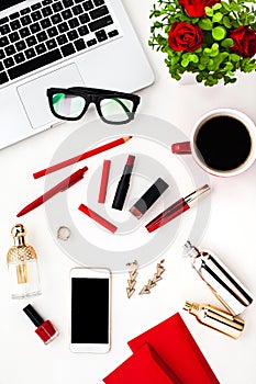 Still life of fashion woman, objects on white