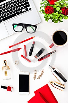 Still life of fashion woman, objects on white