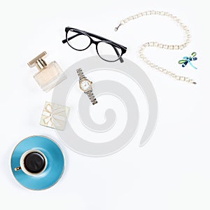 Still life of fashion woman objects on white background, top view