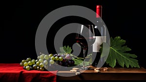 Still life featuring a bottle of red wine, wineglass, grapes, and green leaves. AI-generated.