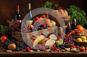 still life featuring a bountiful spread of fresh fruits and vegetables, accompanied by a bottle of rich red wine