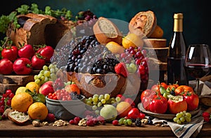 still life featuring a bountiful spread of fresh fruits and vegetables, accompanied by a bottle of rich red wine