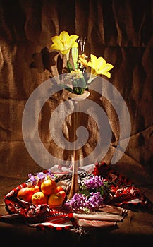 Still Life with flover and fruit, light brush