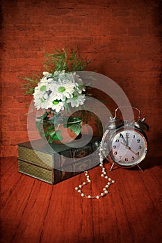 Still life with flowers, books and clock