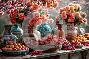 Still life with flowers and fruits in ceramic vases on wooden table