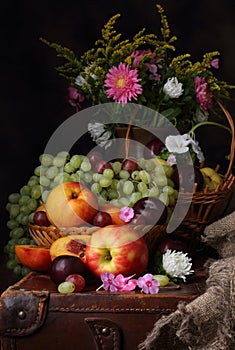 Still life with flowers and fruits in retro style