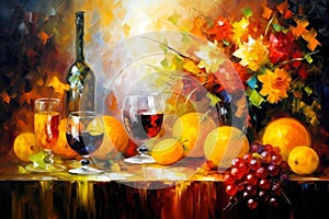 Still Life with Flowers, Grapes and Glass of Wine Brush Strokes Painting