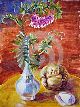 Still life with flowers and idol