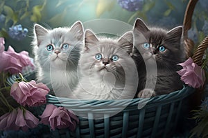 Still life with flowers, natural light and kittens in a basket, generative ai