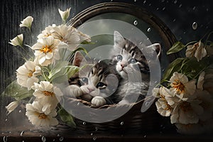 Still life with flowers, natural light and kittens on windowsill, generative ai