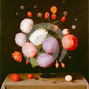 Still life with flowers in the style of old baroque painting, orange, white and violet flowers ai Generated, generative AI, CGI