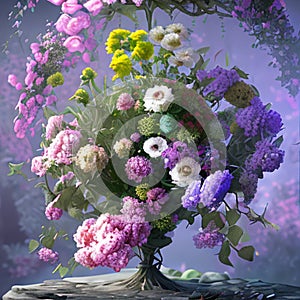 Still life with flowers in the style of old baroque painting, rich bouquet with a predominance of purple color ai Generated,