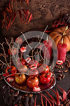 Still life with food for halloween. Sweets, apples, candies.