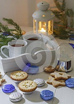 Still life or food Photo Christmas New Year tea party with sweets