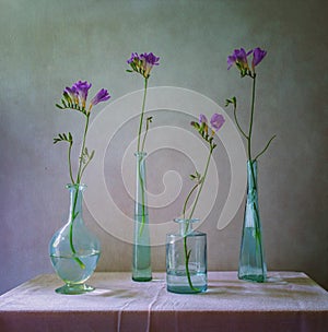 Still life with freesias in bottles