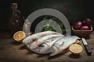 Still life with fresh fish and ingredients for cooking