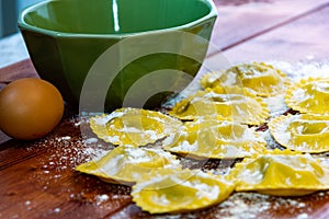 Still life with fresh homemade pasta with flour and egg