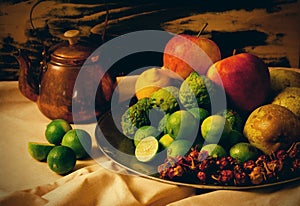 Still life of fruits and copper kettle