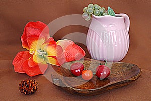 Still life with fruits and a flower.