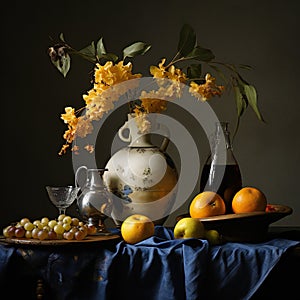 Still life with fruits and flowers in vase