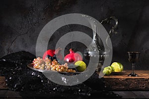Still life with fruits and wine